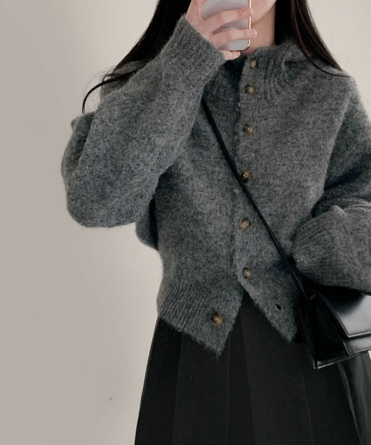 폭닥폭닥 하이넥 후드 골지 세미 크롭 아방핏 니트 가디건 그레이