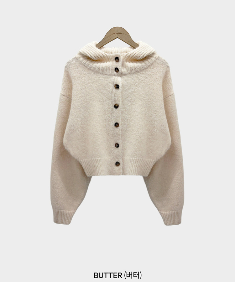 폭닥폭닥 하이넥 후드 골지 세미 크롭 아방핏 니트 가디건