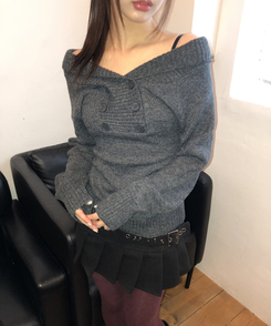 ダブルボタンオフショルダーニット GREY