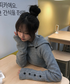 람보 기모 하이넥 골지 버튼 후드 니트 그레이