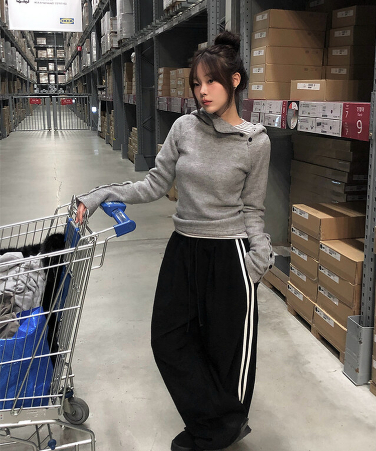 ハイネックリブボタンフードニット GREY