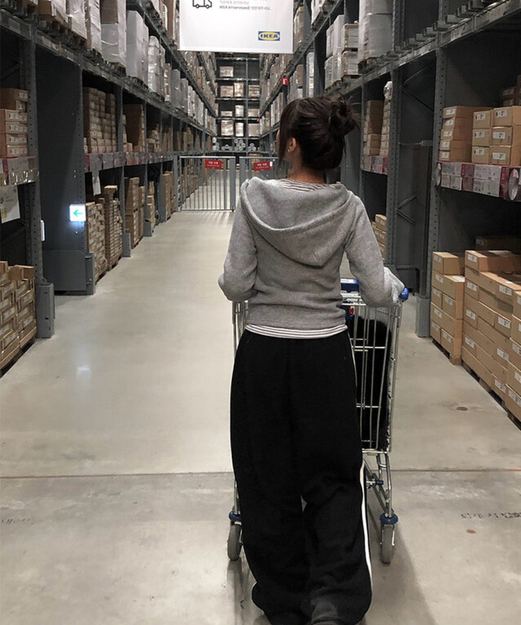 ハイネックリブボタンフードニット GREY