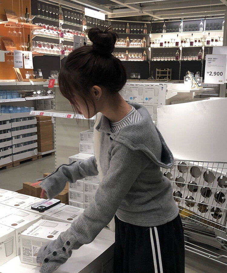 ハイネックリブボタンフードニット GREY