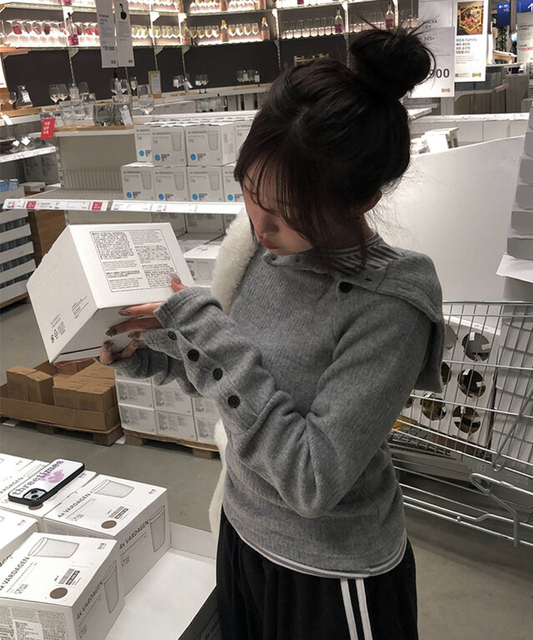 ハイネックリブボタンフードニット GREY