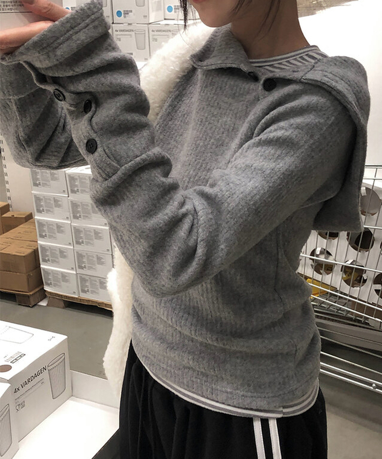 ハイネックリブボタンフードニット GREY