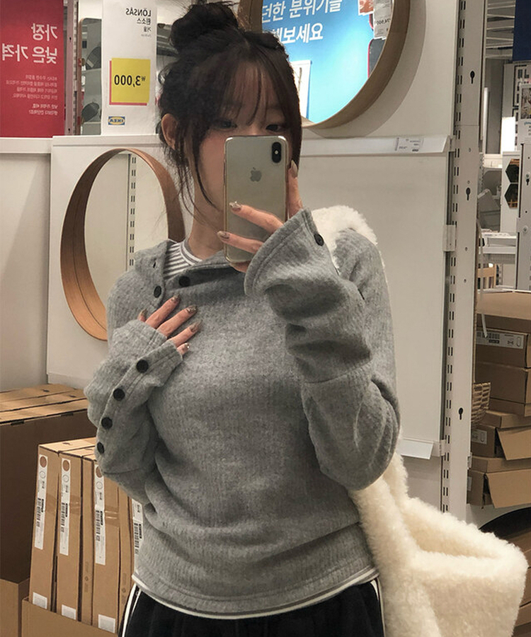 ハイネックリブボタンフードニット GREY