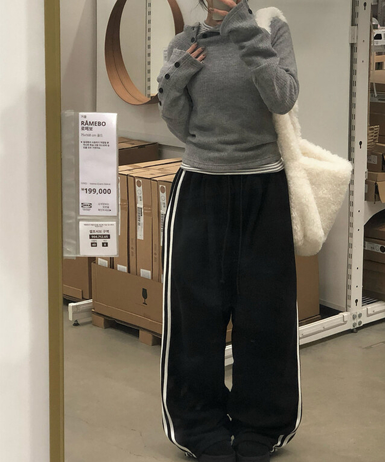 ハイネックリブボタンフードニット GREY