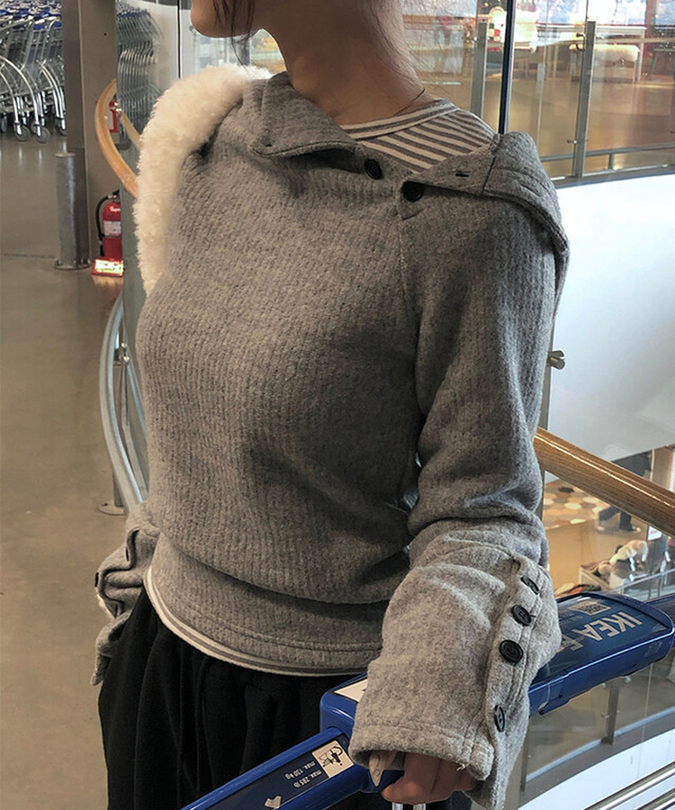 ハイネックリブボタンフードニット GREY