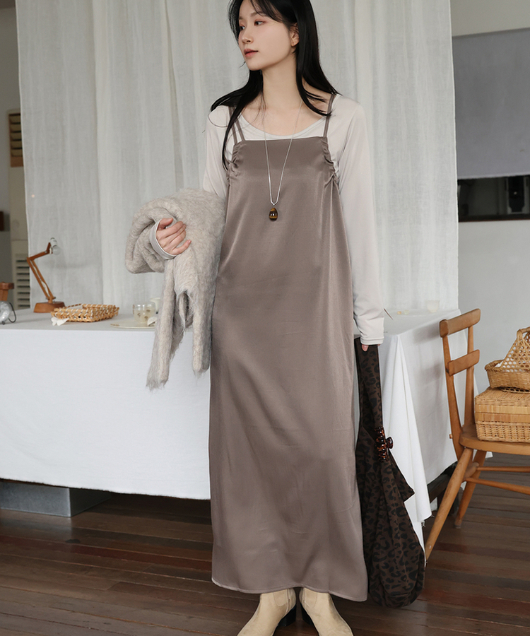 シルキーシャーリングビスチェロングワンピース｜ロングワンピース