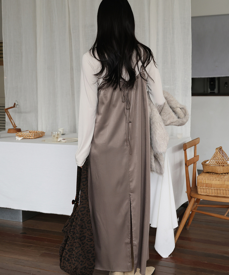 シルキーシャーリングビスチェロングワンピース｜ロングワンピース