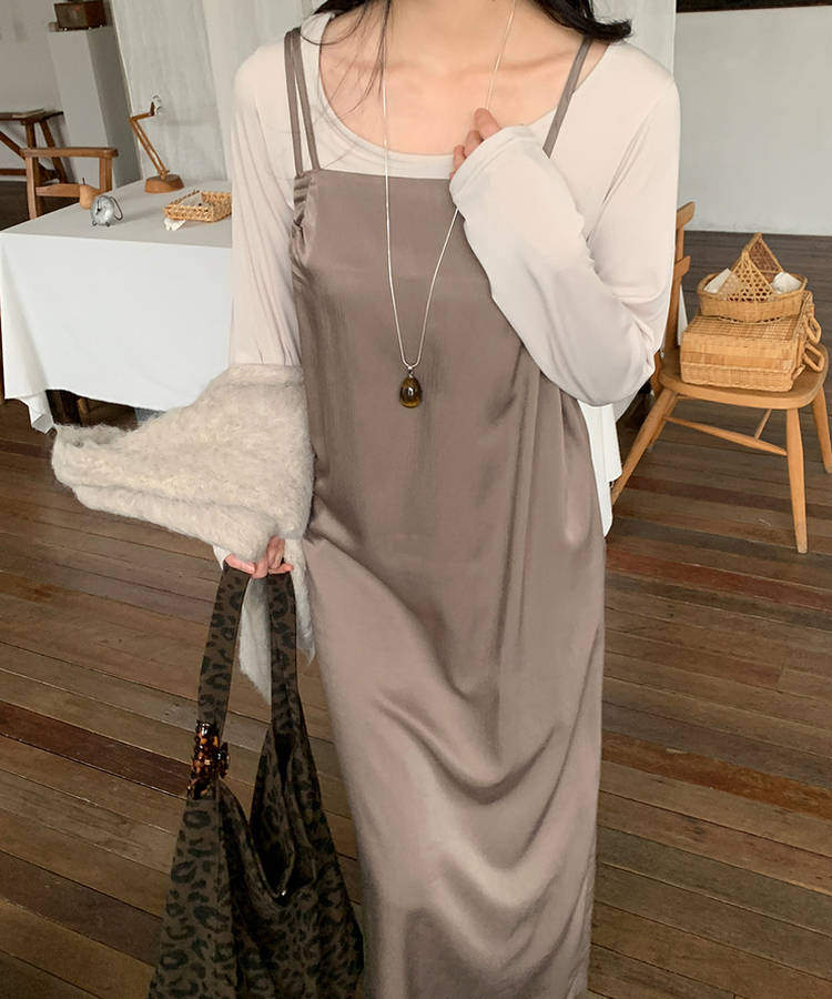 シルキーシャーリングビスチェロングワンピース｜ロングワンピース