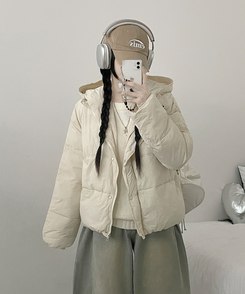 네크커버박스핏스트링후드숏패딩점퍼 아이보리