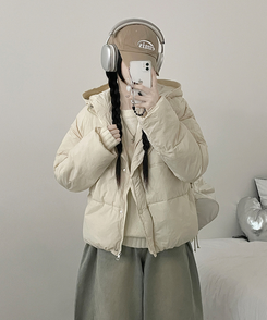 네크커버박스핏스트링후드숏패딩점퍼 아이보리