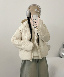 네크커버박스핏스트링후드숏패딩점퍼 아이보리