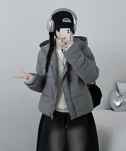 네크커버박스핏스트링후드숏패딩점퍼 진그레이
