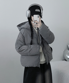네크커버박스핏스트링후드숏패딩점퍼 진그레이