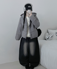 네크커버박스핏스트링후드숏패딩점퍼 진그레이