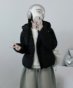 네크커버박스핏스트링후드숏패딩점퍼 블랙