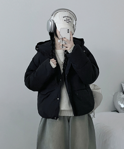 네크커버박스핏스트링후드숏패딩점퍼 블랙