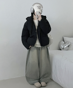 네크커버박스핏스트링후드숏패딩점퍼 블랙