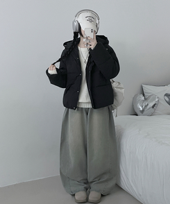 네크커버박스핏스트링후드숏패딩점퍼 블랙