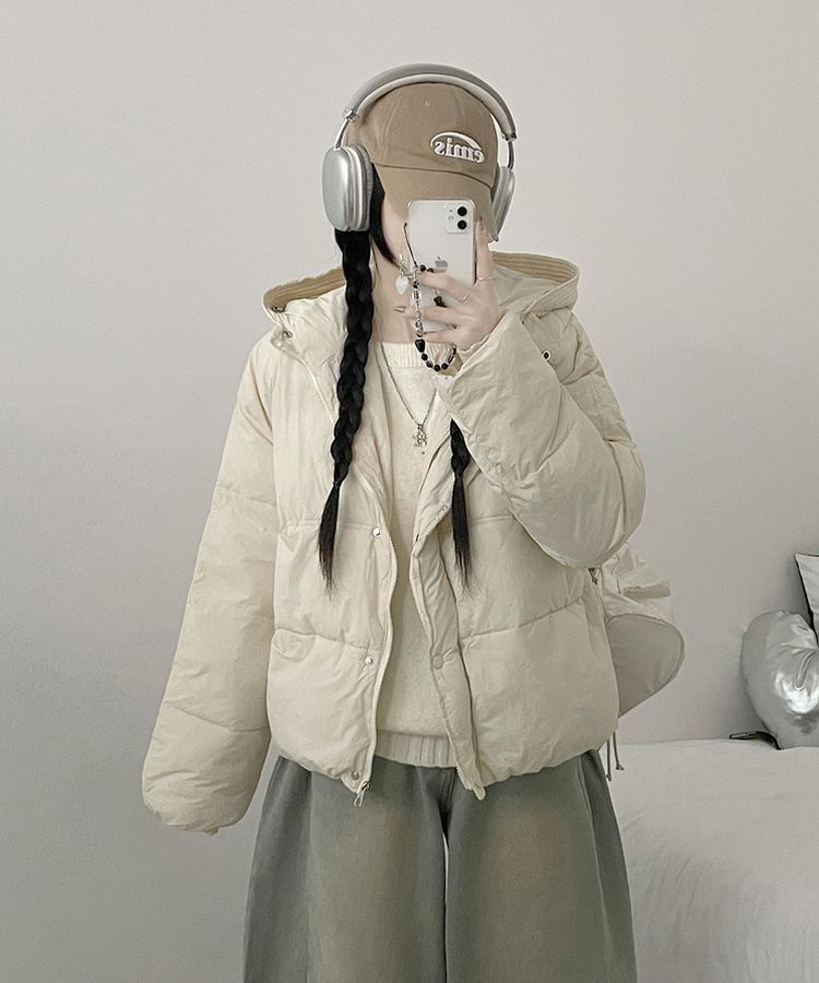 네크커버박스핏스트링후드숏패딩점퍼 아이보리