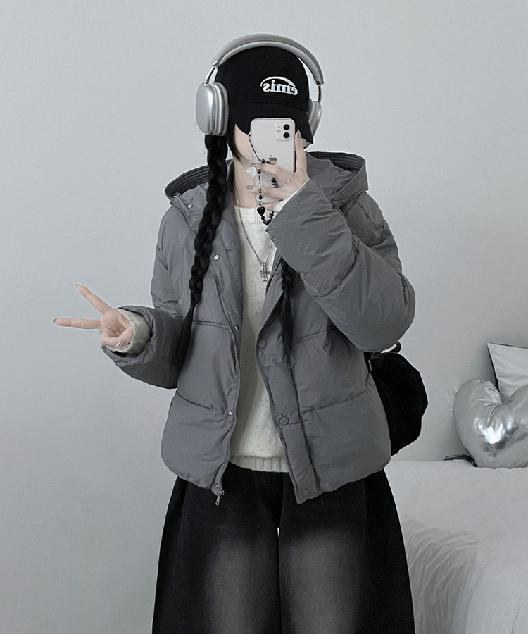 네크커버박스핏스트링후드숏패딩점퍼 진그레이