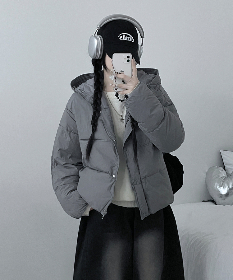 네크커버박스핏스트링후드숏패딩점퍼 진그레이