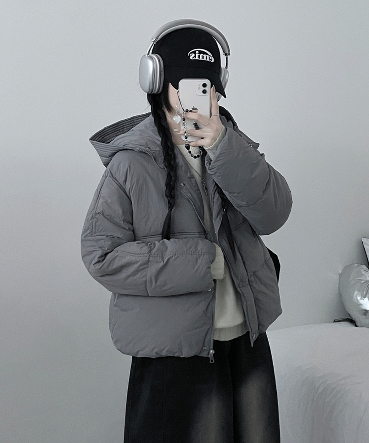 네크커버박스핏스트링후드숏패딩점퍼 진그레이