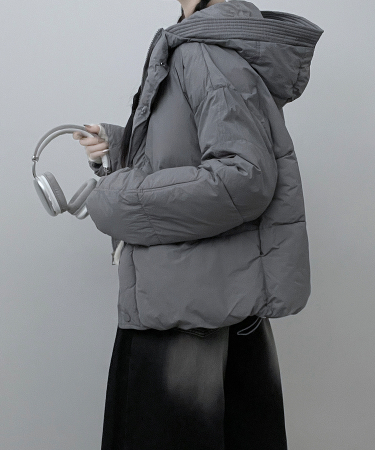 네크커버박스핏스트링후드숏패딩점퍼 진그레이