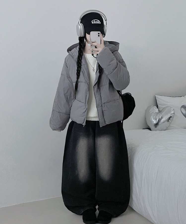 네크커버박스핏스트링후드숏패딩점퍼 진그레이