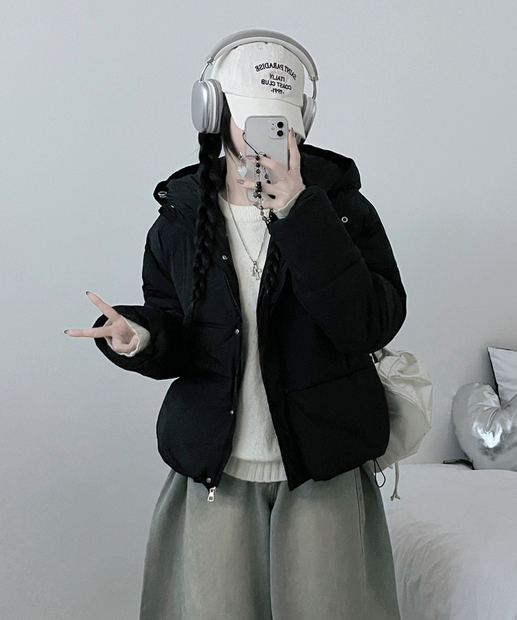 네크커버박스핏스트링후드숏패딩점퍼 블랙