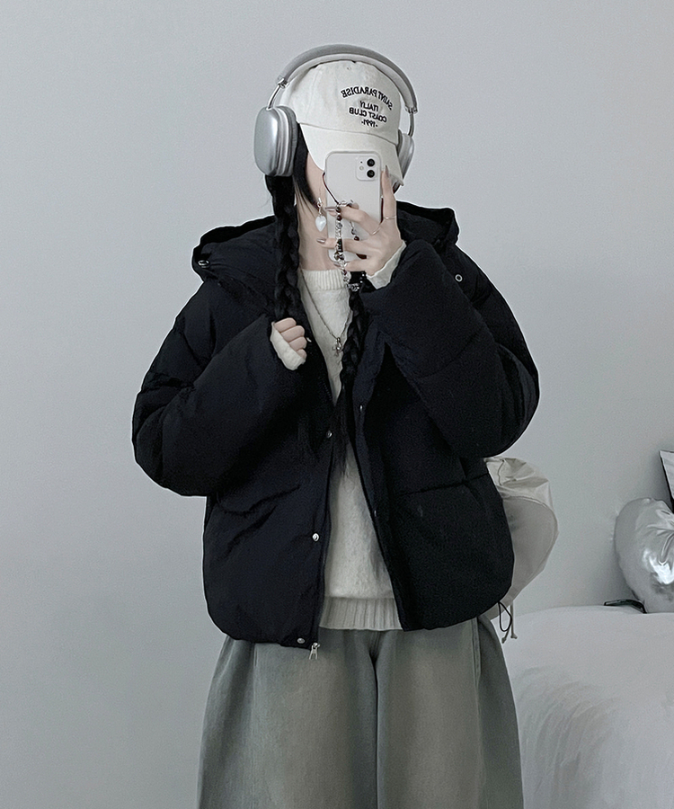 네크커버박스핏스트링후드숏패딩점퍼 블랙