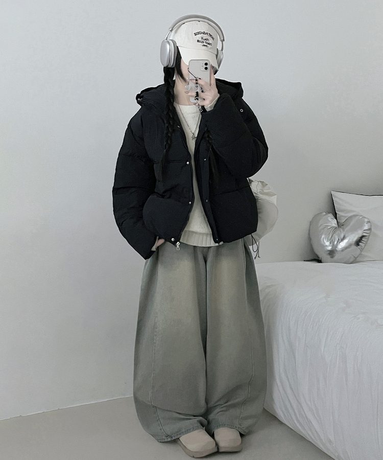 네크커버박스핏스트링후드숏패딩점퍼 블랙