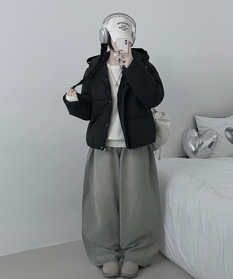 네크커버박스핏스트링후드숏패딩점퍼 블랙