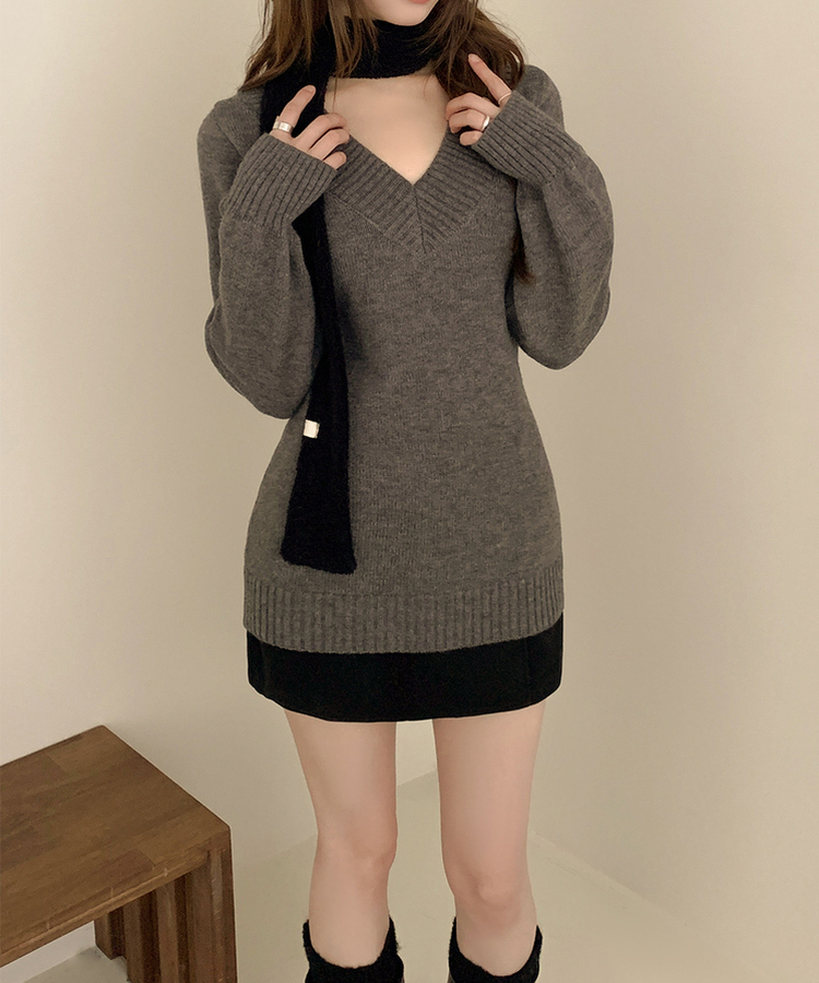【極美品】MARK&LONA ニットワンピース Mサイズ 26年モデル 現行 Vネックオフショルダーニットワンピース｜ミニワンピース｜韓国