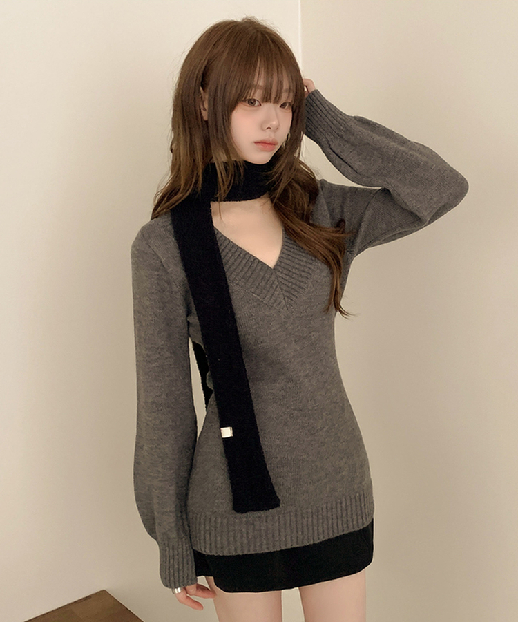 Vネックオフショルダーニットワンピース｜ミニワンピース｜韓国