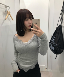 【SET】レースクロップド丈Tシャツ＋スカーフ GRAY