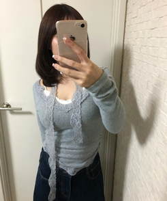 【SET】レースクロップド丈Tシャツ＋スカーフ GRAY