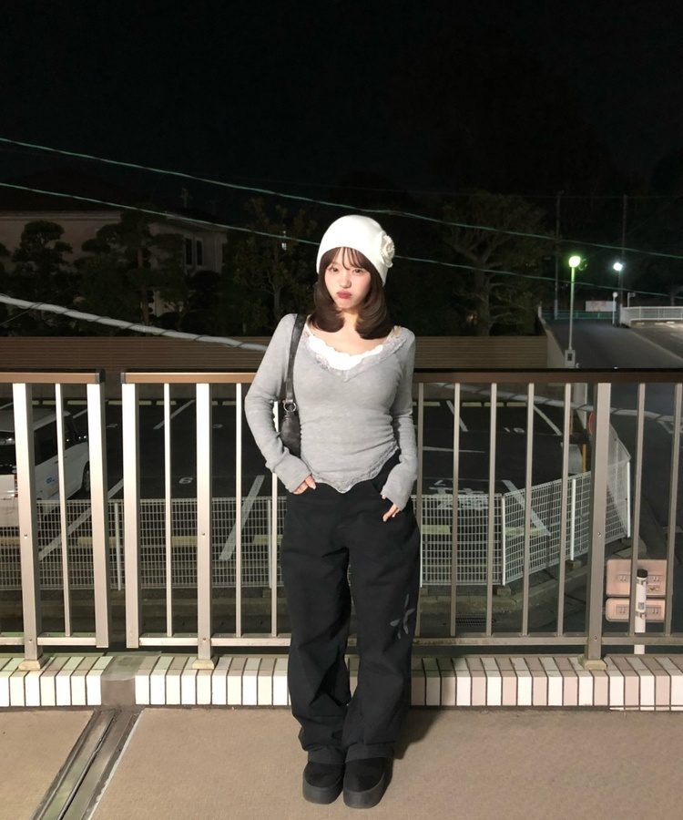 【SET】レースクロップド丈Tシャツ＋スカーフ GRAY