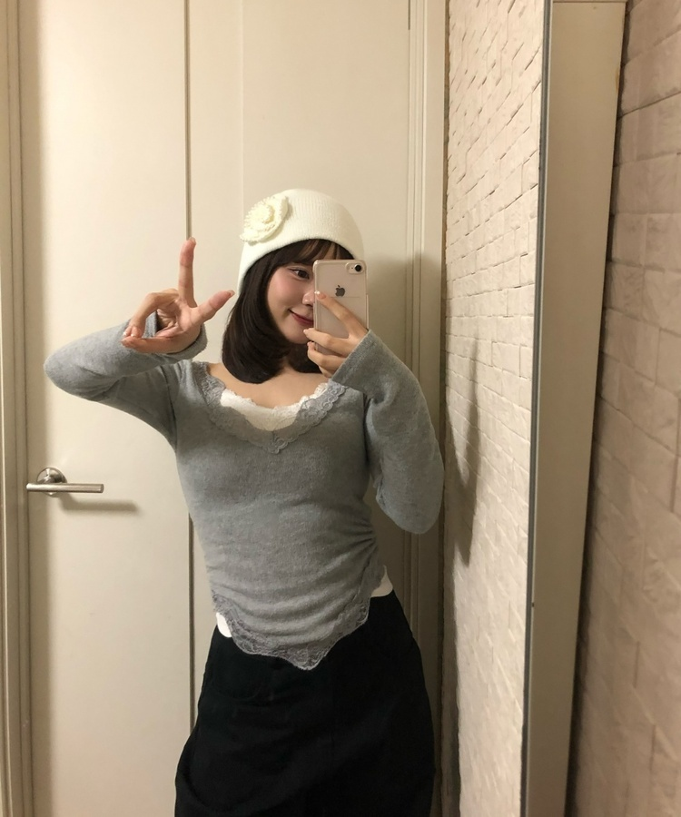 【SET】レースクロップド丈Tシャツ＋スカーフ GRAY