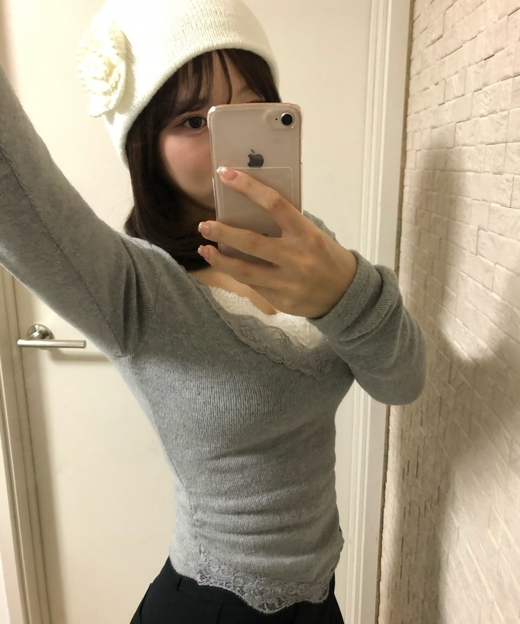 【SET】レースクロップド丈Tシャツ＋スカーフ GRAY