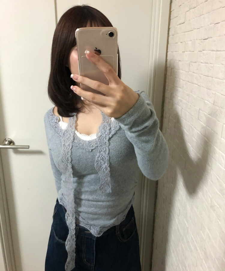 【SET】レースクロップド丈Tシャツ＋スカーフ GRAY