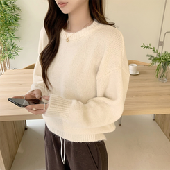 봉봉 라운드 오버핏 겨울 긴팔 니트 루즈핏 울 긴팔티 아방핏 허리잘록 상의 아이보리
