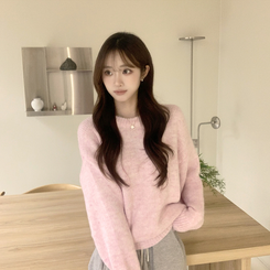 봉봉 라운드 오버핏 겨울 긴팔 니트 루즈핏 울 긴팔티 아방핏 허리잘록 상의 핑크