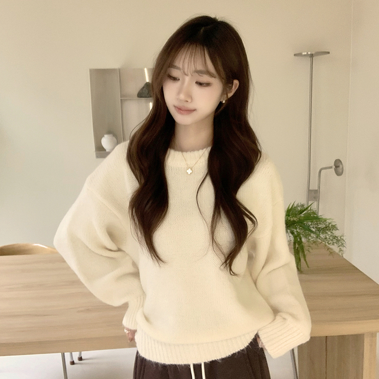 봉봉 라운드 오버핏 겨울 긴팔 니트 루즈핏 울 긴팔티 아방핏 허리잘록 상의 아이보리