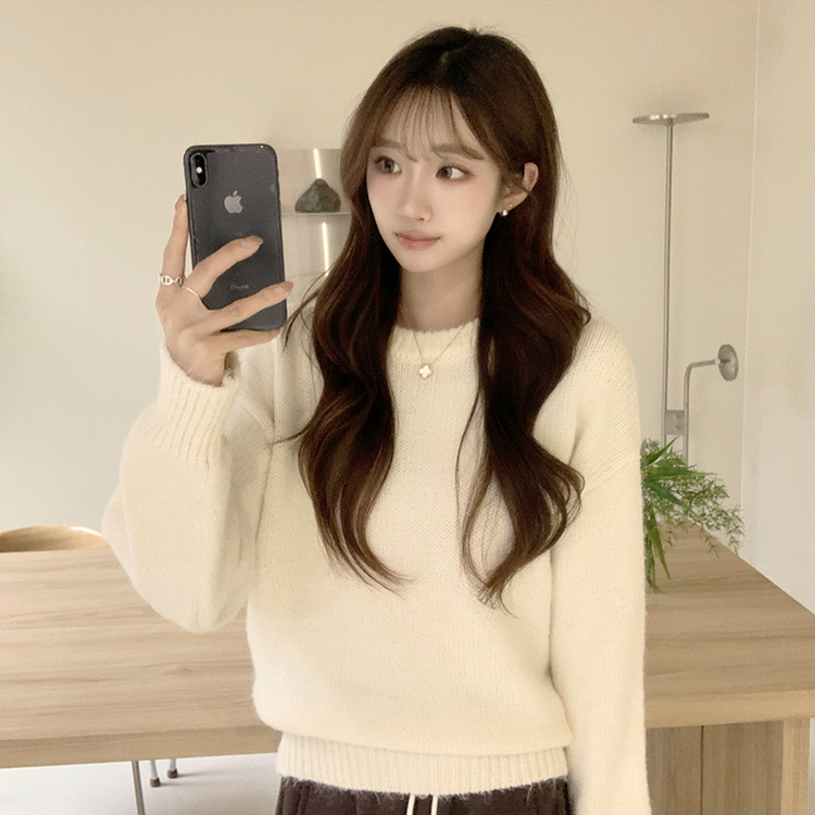 봉봉 라운드 오버핏 겨울 긴팔 니트 루즈핏 울 긴팔티 아방핏 허리잘록 상의 아이보리