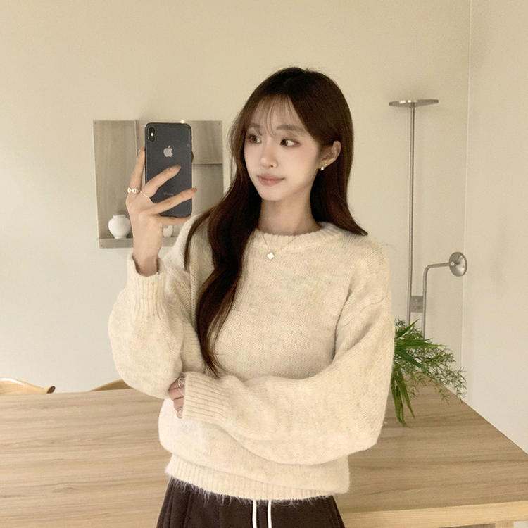 봉봉 라운드 오버핏 겨울 긴팔 니트 루즈핏 울 긴팔티 아방핏 허리잘록 상의 연베이지