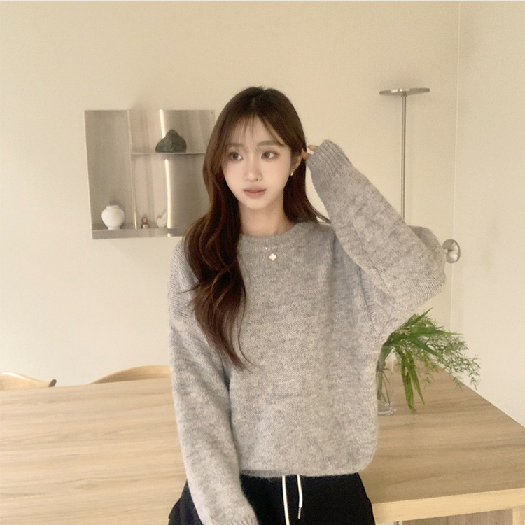 봉봉 라운드 오버핏 겨울 긴팔 니트 루즈핏 울 긴팔티 아방핏 허리잘록 상의 그레이