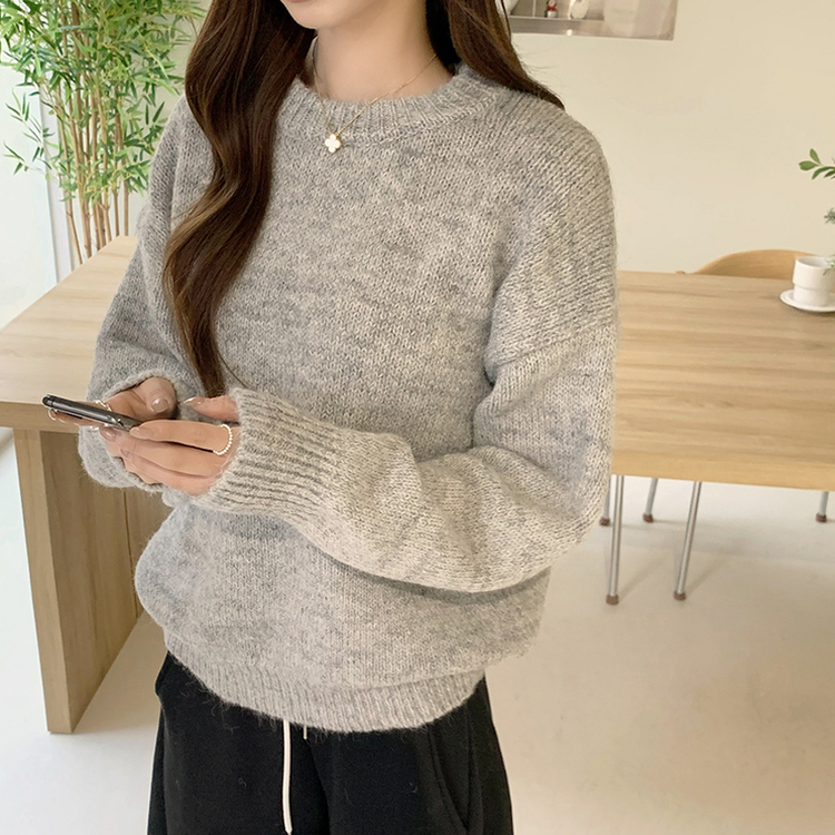 봉봉 라운드 오버핏 겨울 긴팔 니트 루즈핏 울 긴팔티 아방핏 허리잘록 상의 그레이